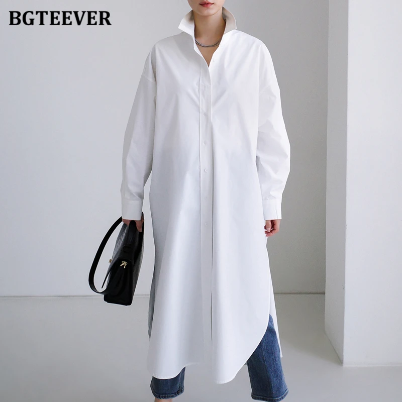 BGTEEVER camicette lunghe monopetto con spacco laterale a molla per le donne camicie da donna con risvolto allentato alla moda top da donna