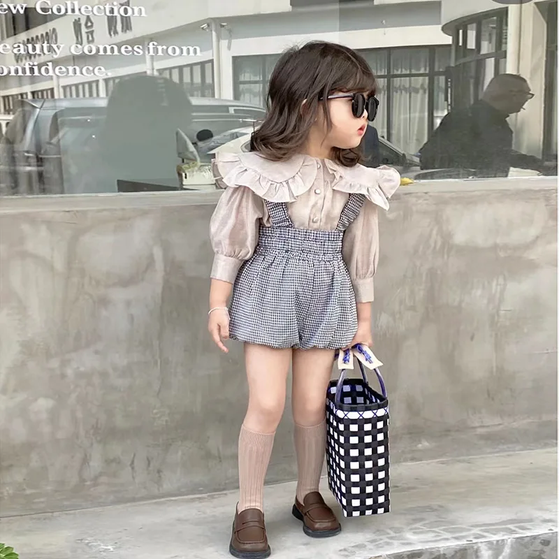 

Baby Kids Clothing Set Fashion 2023 Summer New Girls Ruffled Collar Shirt Plaid Bud Shorts Bib Suit Kids Clothes Girls