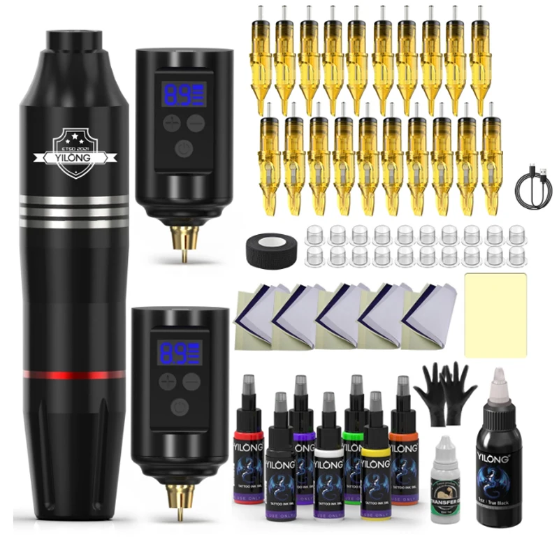 YILONG-Juego de 2 bolígrafos de tatuaje con batería, Kit de máquina de tatuaje inalámbrica rotativa, Motor Sin Núcleo, máquinas de tatuaje de alta calidad para tatuador