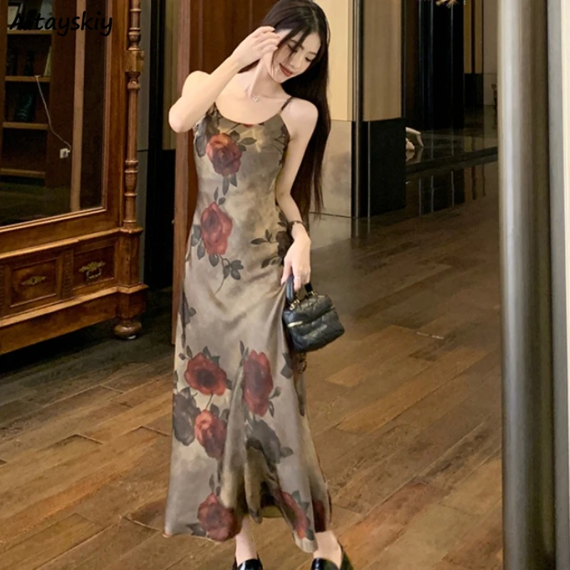 Summer Dress Women Floral Sleeveless Graceful Spaghetti Strap Ankle-length Loose Vintage Famous Lady High Street Versatile New