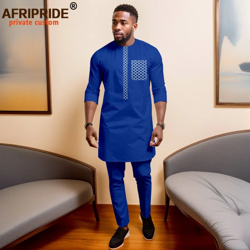 African Traditional Clothing for Men Embroidered Shirts and Ankara Pants 2 Piece Set Suit Boubou Tracksuit Outfits A2316096