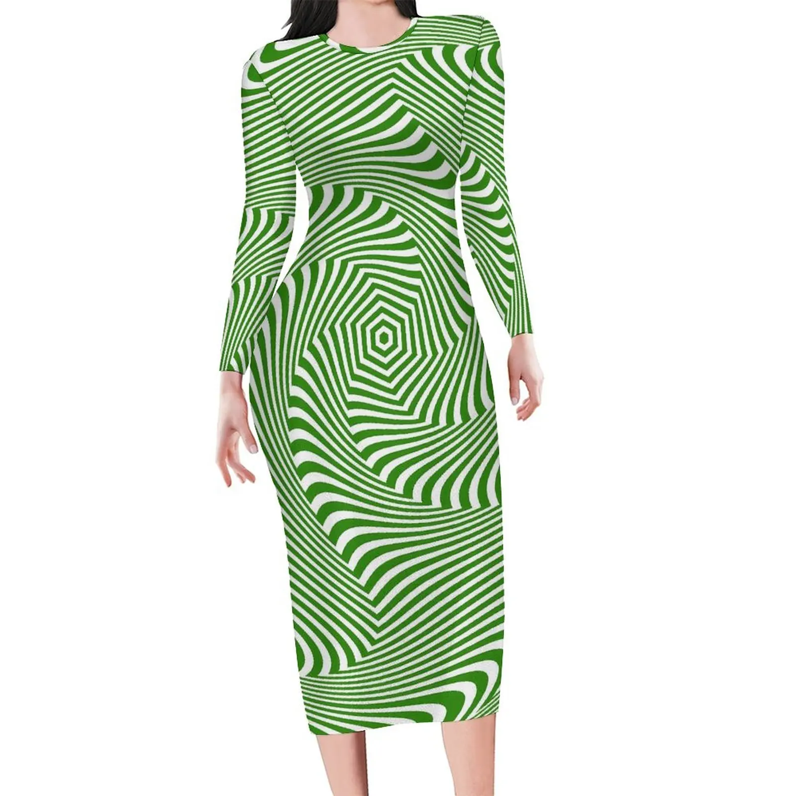 Green Curve Print Bodycon Dress Women Swirl Lines Cute Dresses Holiday Long Sleeve Aesthetic Custom Dress Big Size