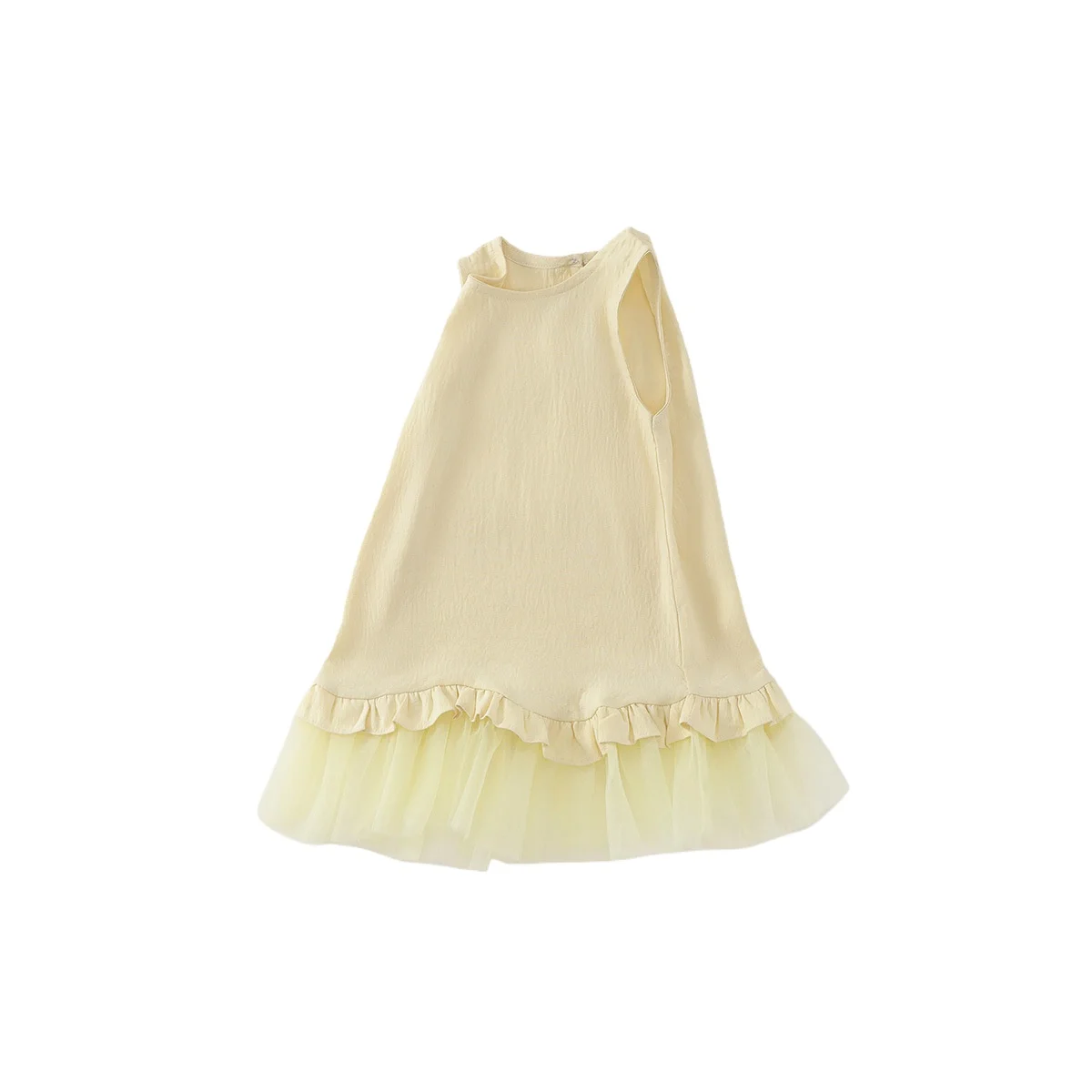 2026 Summer New Girls' Yellow Sleeveless Vest Dress Children's Simple Temperament Mesh Patchwork Dress