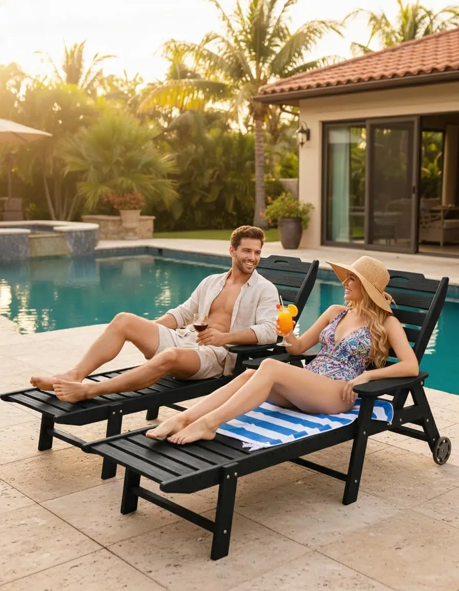 Outdoor Lounge Chair Set 2 HDPE Chaise Lounge Wheels 5 Position Adjustable Backrest 2 Cup Holders Patio Lounge Chair All Weather