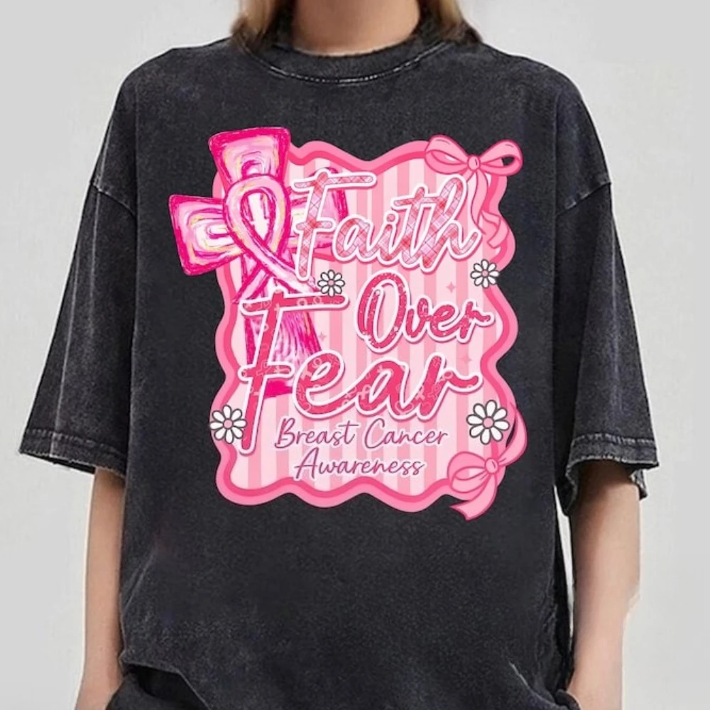 

Breast Cancer Awareness Washed T-shirt Faith Over Fear Preppy Coquette Pink Ribbon Graphic T Shirts Cancer Support Unisex Shirt