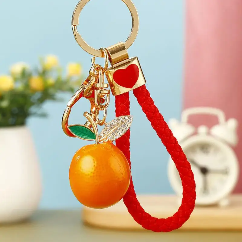 Creative Fruit Series Imitation Orange Keychains Men Car Key Rhinestone Pendant Small Gift for Women Cute Bag Pendant Jewellery
