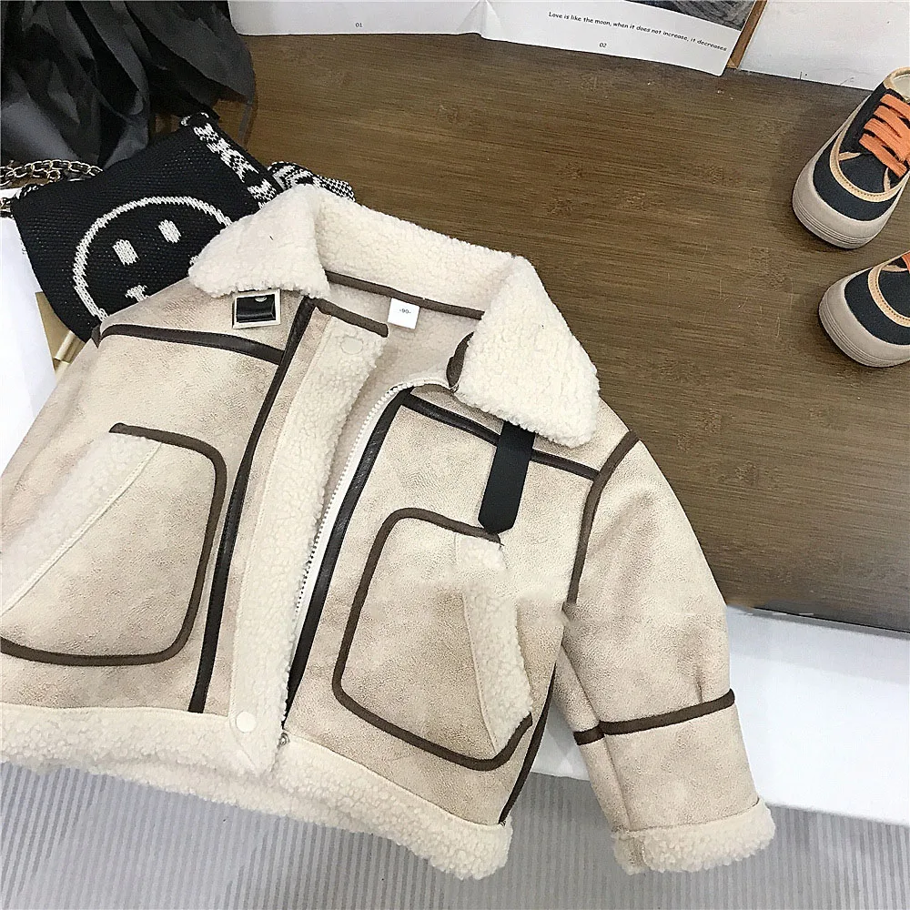 

Fashion Winter Children's Faux Suede Thickened Coat Fashion Turn Down Collar Loose Velvet Jackets Korean Casual Boys' Coat