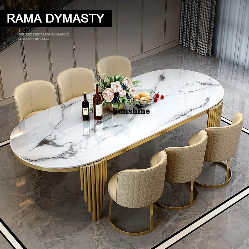 Ellipses Marble Dining Room Gold Stainless steel Leg Seats 6-8 People Dining Table  FT