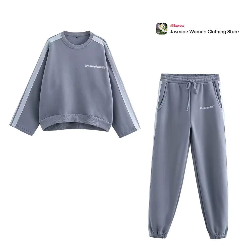 

Women's Fashion Plush Pantsuit Casual Jogger Pants Set Contrast Text Print O-Neck Sweatshirt Co Ord Sets Ladies Two Peice Sets