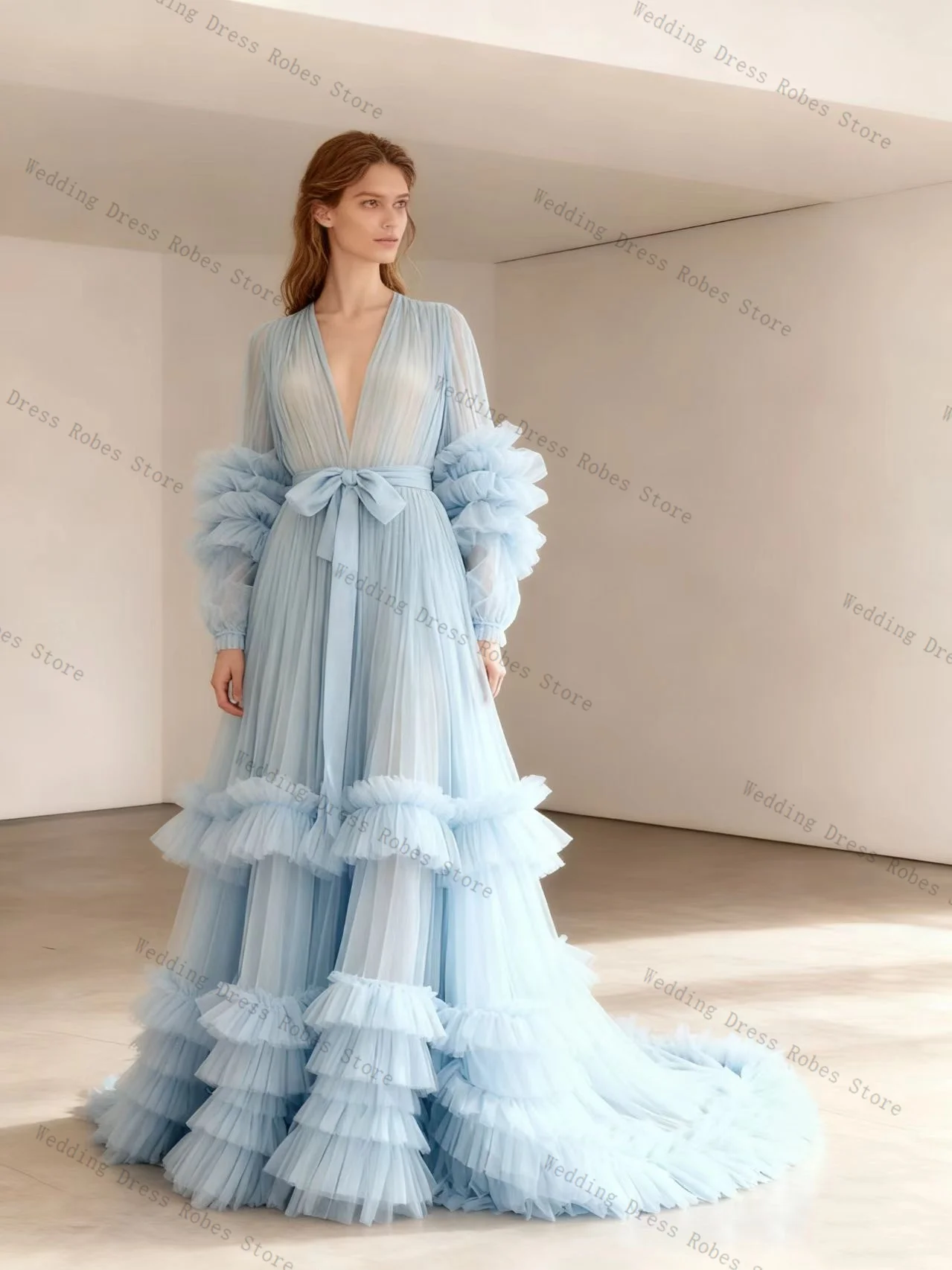 

Luxury Light Blue Woman Prom Dress For Photoshoot Tiered Tulle Sexy Sheer Bridal Morning Robes Night Gown Sleepwear Customized