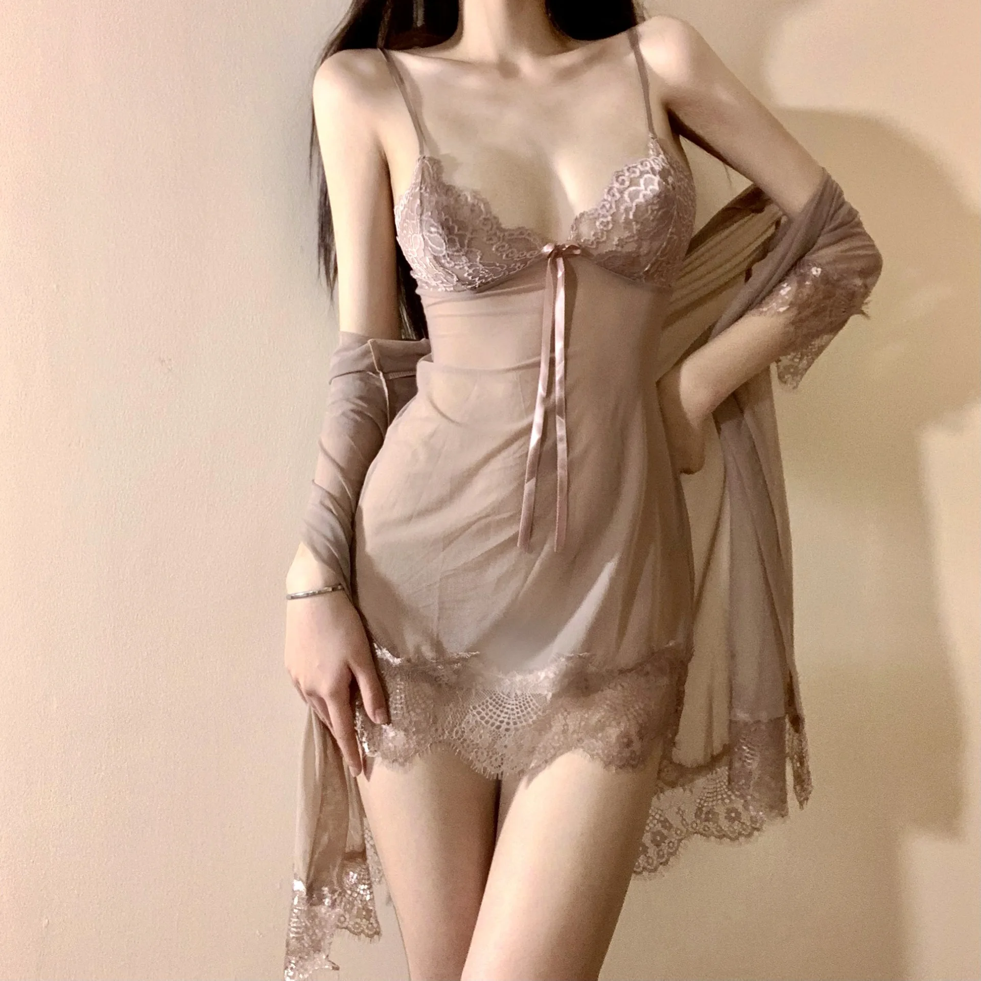 

2024 New Arrival Sexy Lingerie Babydolls & Chemises Set, Sheer Lace Cami Top and Short Skirt Nightwear