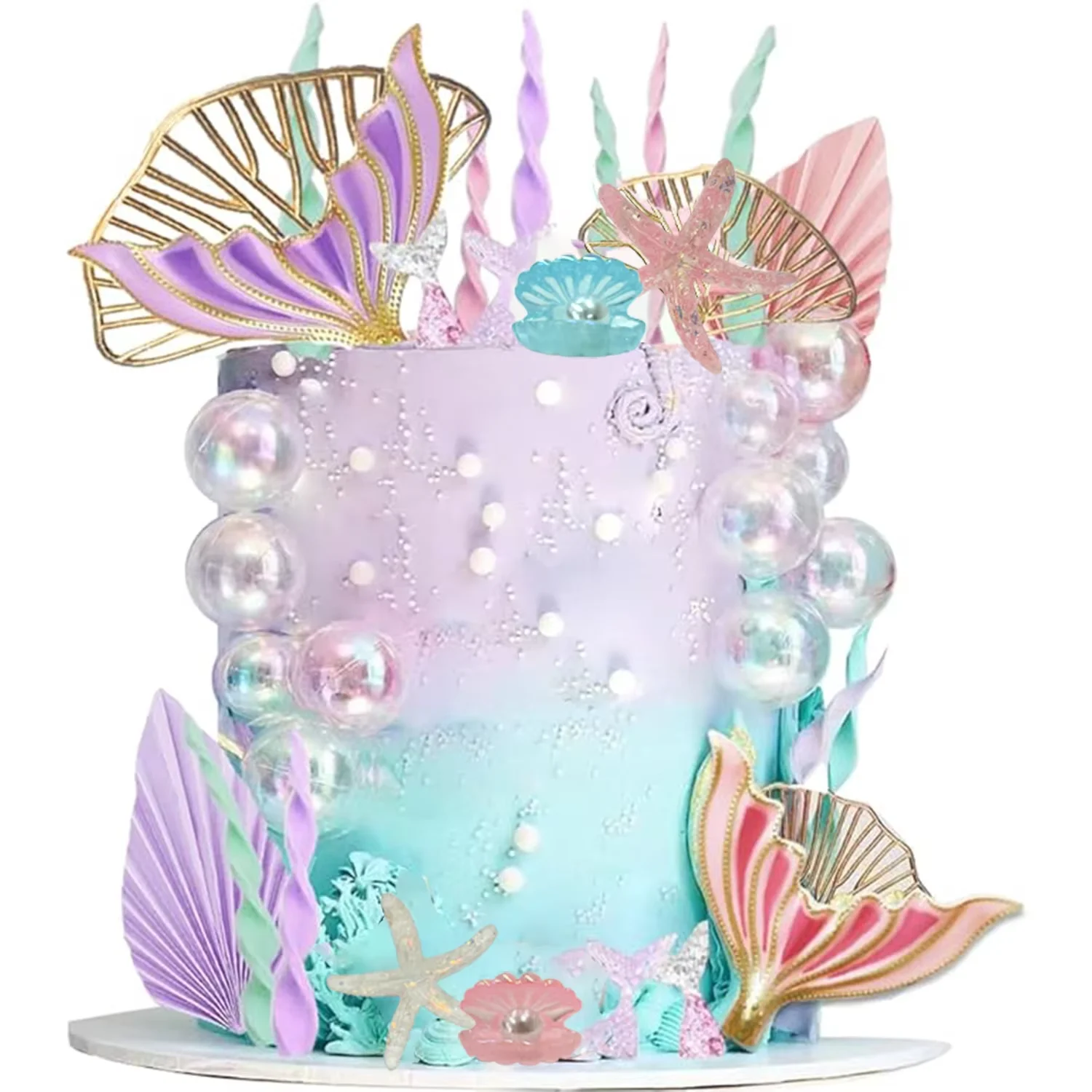 Mermaid Cake Topper Big Mermaid Tails Seaweed Bubbles Shells and Golden Ginkgo Leaves Cake Set for Mermaid Cake Decorations