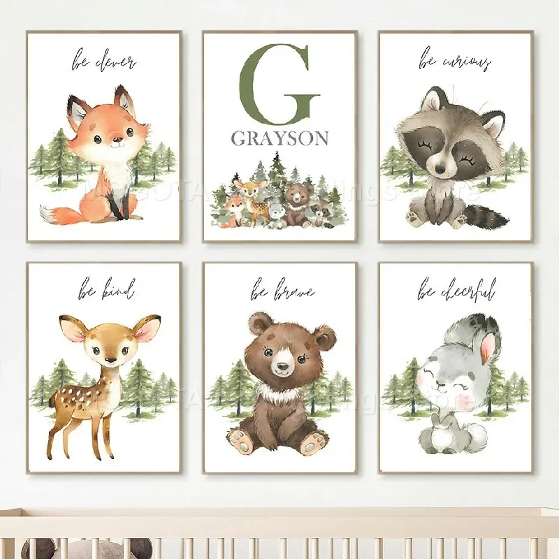 Bear Fox Rabbit Deer Raccoon Owl Woodland Animals Nursery Wall Art Canvas Painting Custom Poster Prints Pictures Kids Room Decor