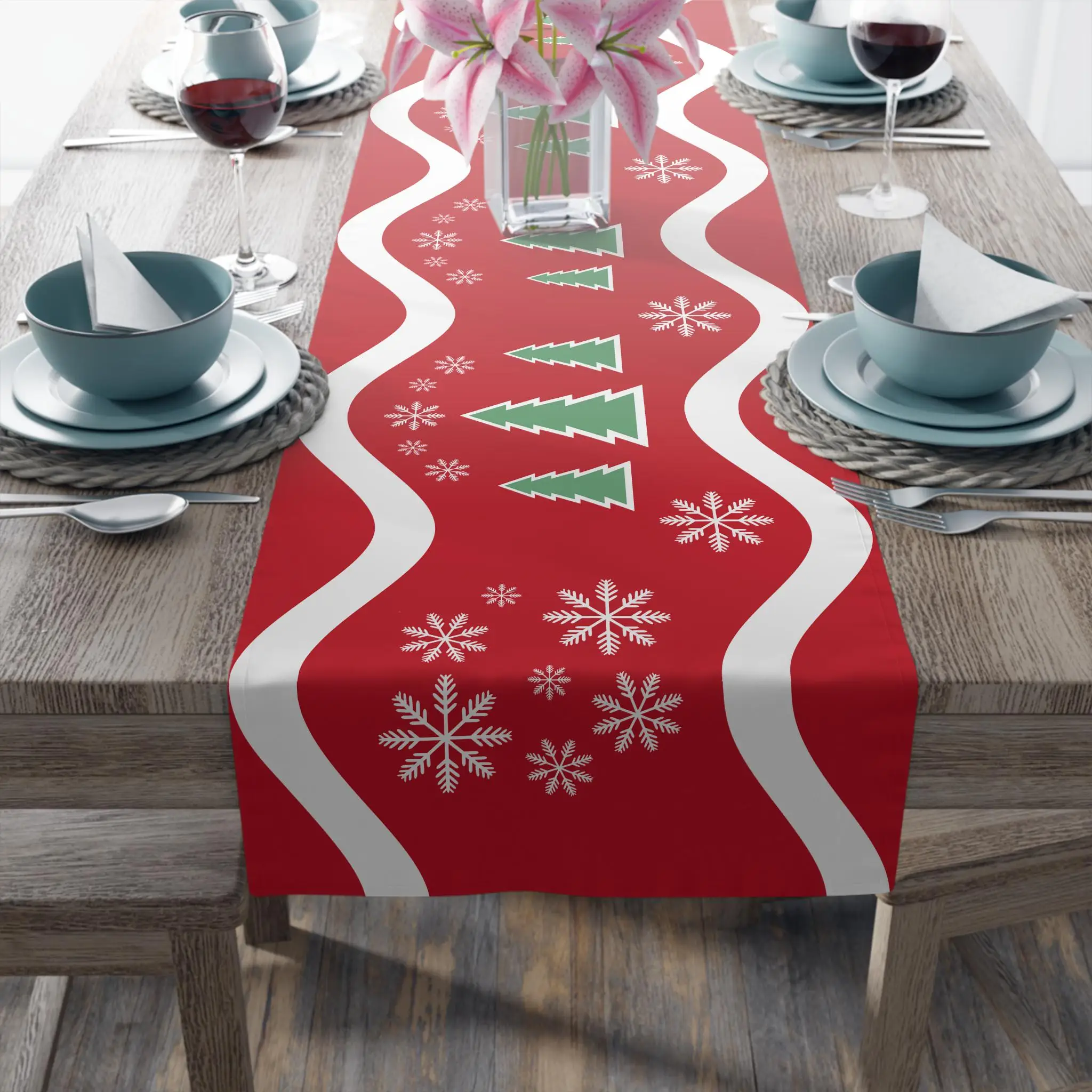 Christmas Table Runner, Evergreen Trees and Snowflakes Holiday Hosting Decor Tablecloth for Dining Table Party