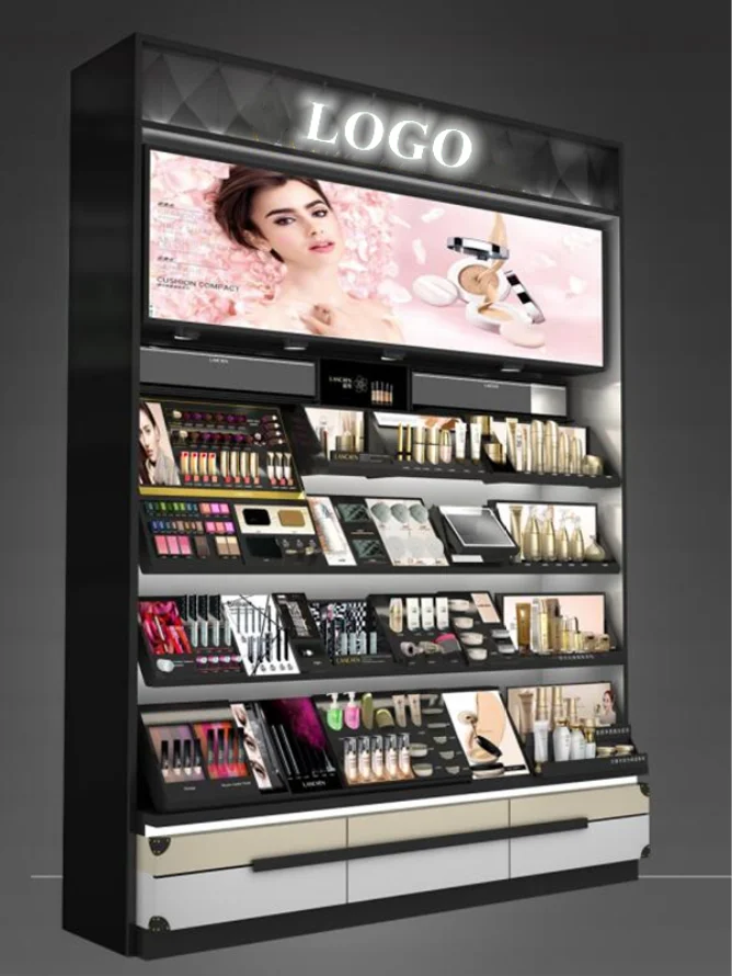 Matte Black Wood Display Stand For Make-up Shop Elegant Cosmetic Display Stand For Retail Shop