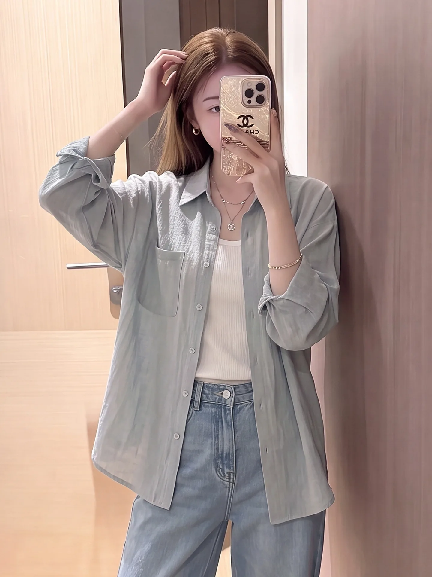Blue Summer Long Sleeve Shirt Women's Loose Cotton Linen Thin Outerwear Coat Breathable Comfortable Korean Style Commute Shirt