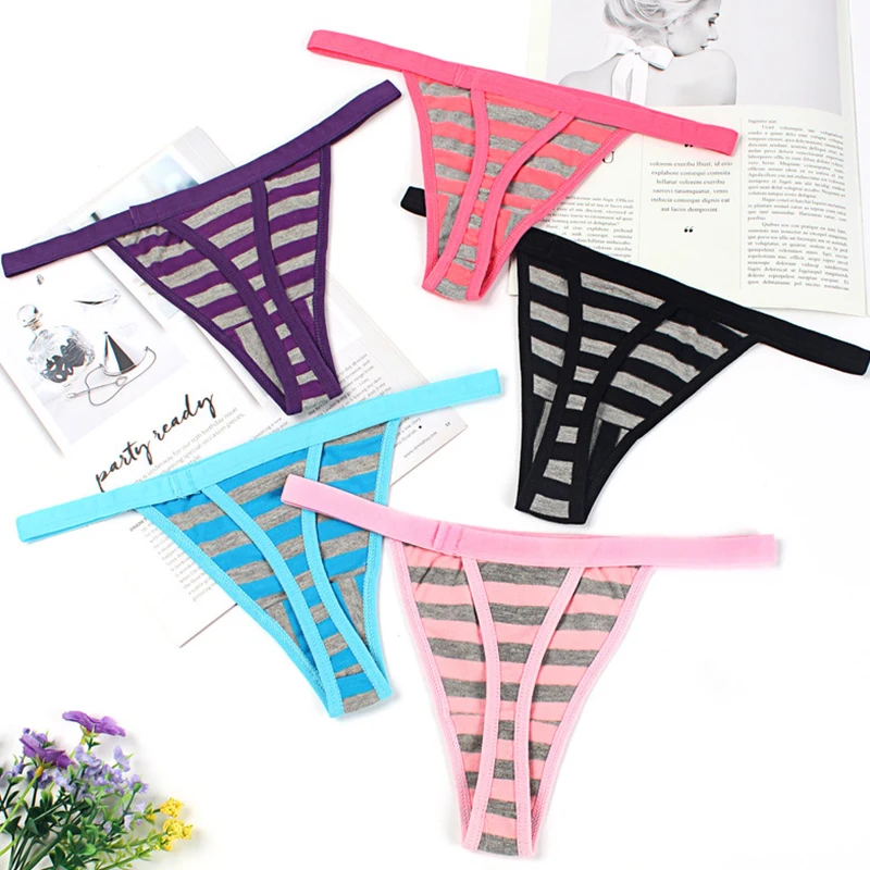 3PCS Simple Cotton Comfort G-String Nude Stripes Seamless Panties Stretch Low Waist T-back Thong Ladies Thin Belt Sexy Lingerie