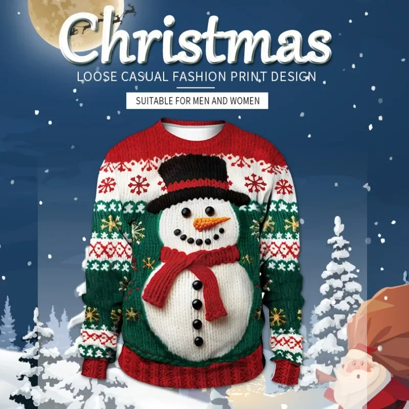 

Christmas clothing new snowman Christmas tree imitation sweater pattern 3D digital printing crew neck sweater