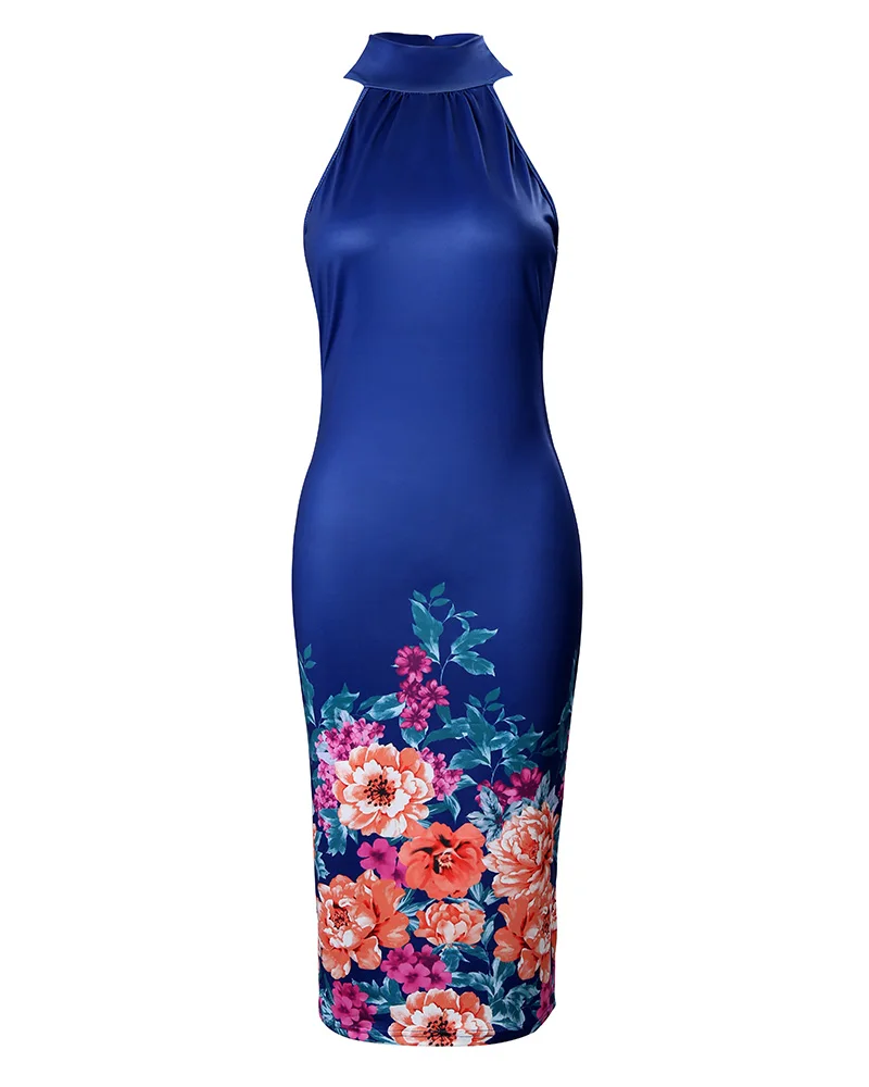 Vestido de festa sexy bodycon feminino, gola alta brilhante, sem mangas, estampa floral, roupas femininas