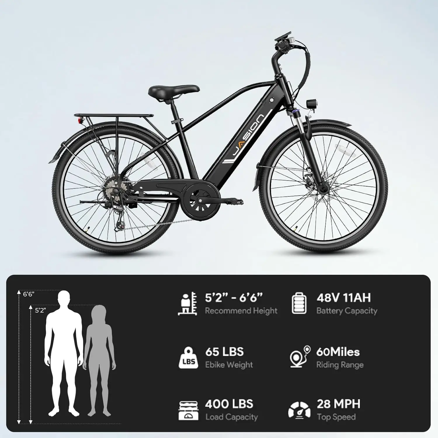 Jasion Roamer Electric Bike for Adults 1200W Peak Motor 528WH Removable Battery,up to 60miles 28MPH City Cruiser Ebike