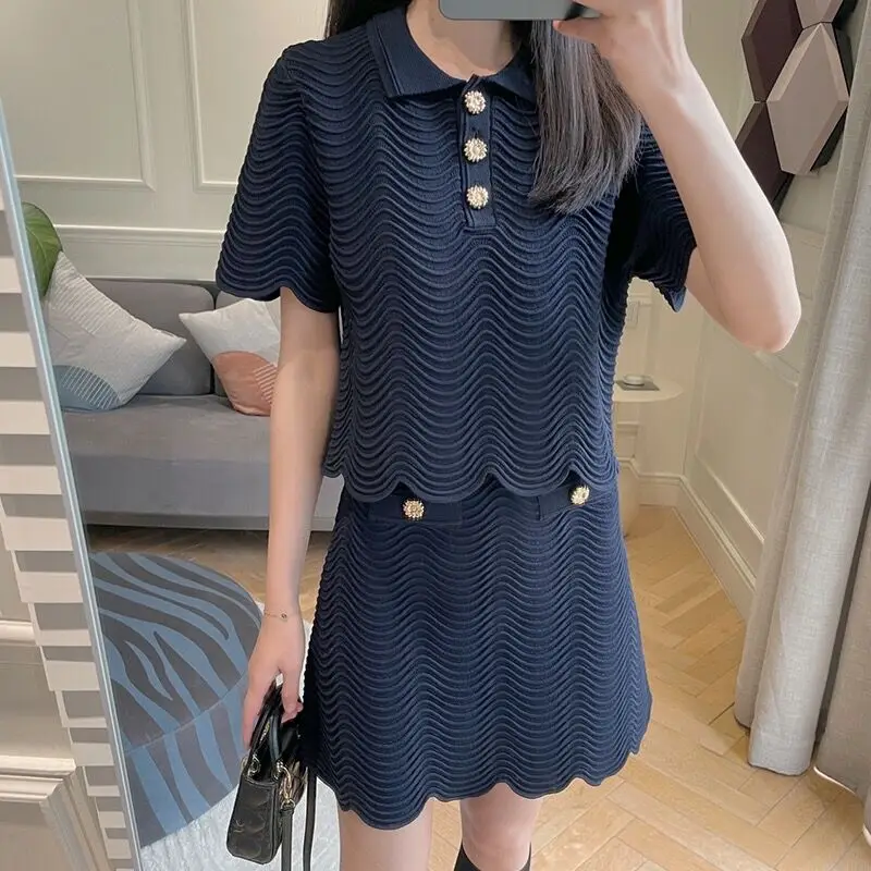 Luxury Brand Design 2024 Summer Knit Polo T-shirt Top And Skirt 2 Piece Set For Women High Quality Paris Dupes Dress Clothing