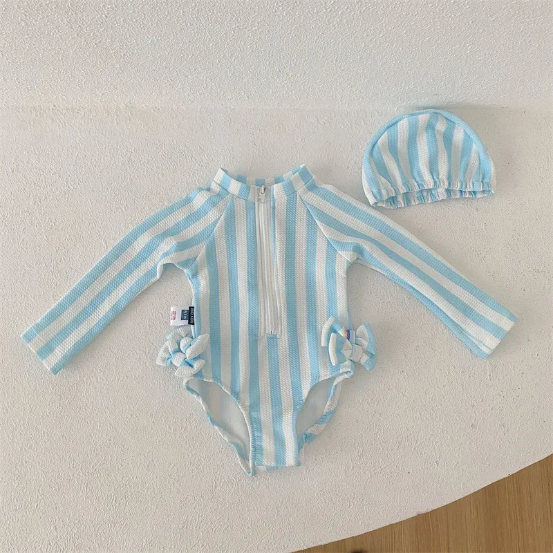 Baby Girls Striped Swimwear With Swimming Caps 2025 Summer Children Long Sleeve Swimsuits Korean Style