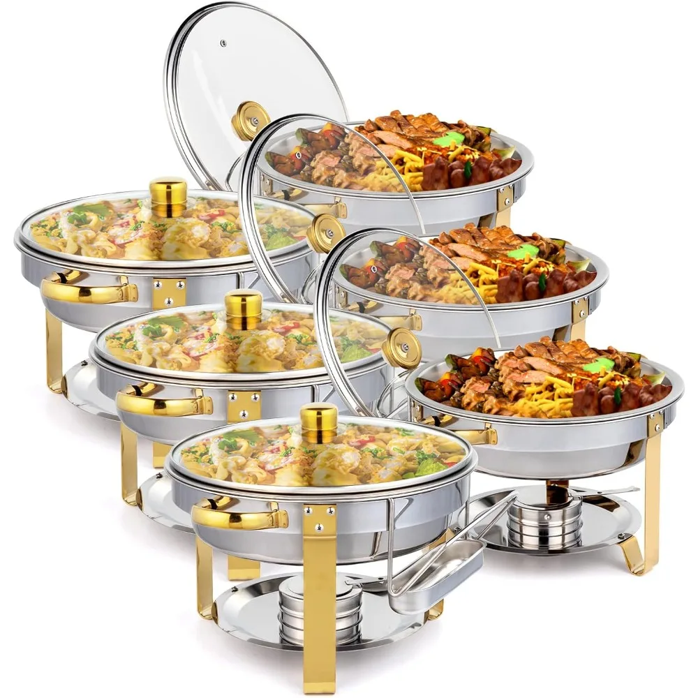 

ROVSUN 5QT 6 Packs Chafing Dish Buffet Set Gold Accent, Round NSF Stainless Steel Buffet Warmer Chafers and Buffet Warmers