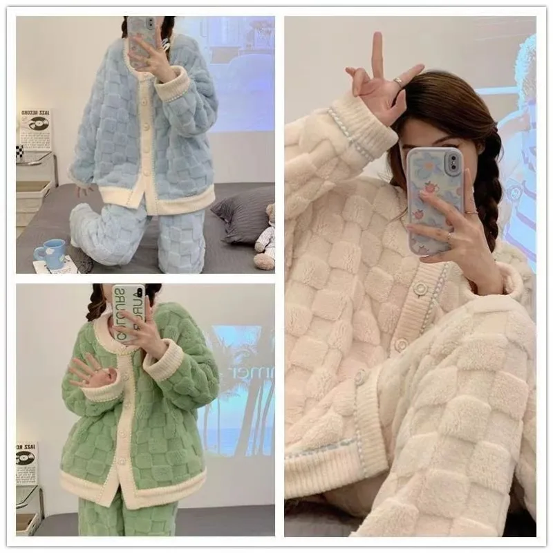 Coral velvet pajama women Autumn Winter thickened loose flannel women\'s set Student Korean cute Home dress Can be worn outside