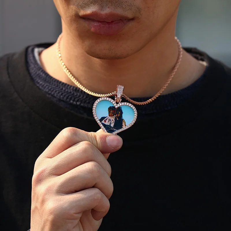 Hiphop Custom Photo Heart Pendant Necklace for Women Men 18k Gold Plated Customized Picture Charm Necklaces Rope Chain 24in