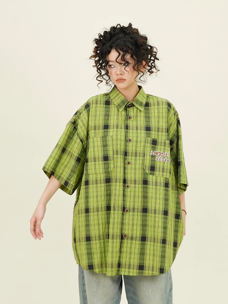 Pleated Plaid Short-sleeved Shirts 2024 Summer New Loose Bf Japanese Retro Couple Top Women