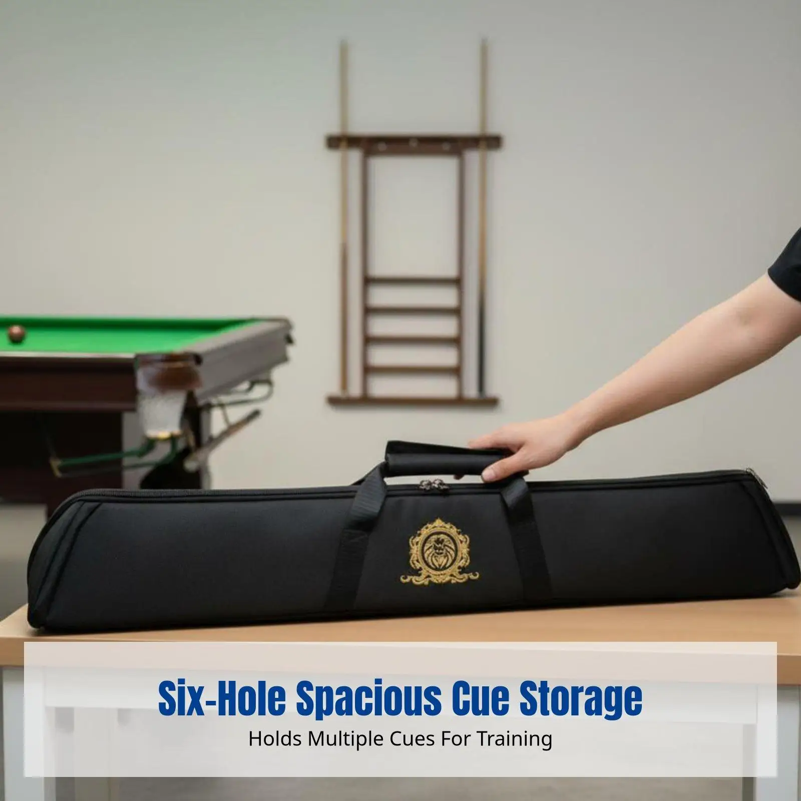 Portable Billiards Cue Case with Six Slots and Rubber Base for Stability Featuring Ergonomic Strap for Pool Players