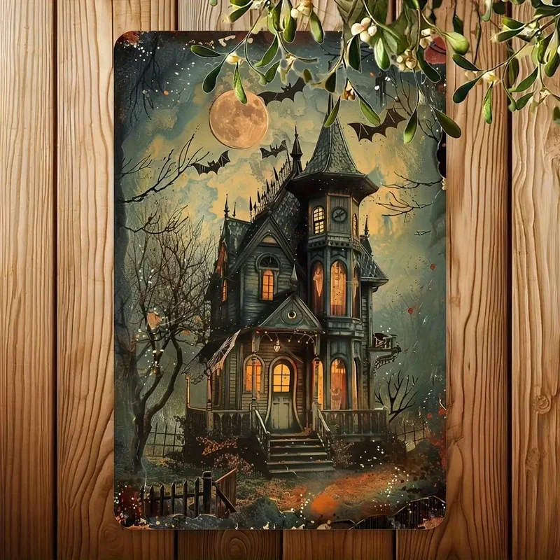 2D Flat, 1pc Spooky Halloween Gothic Vintage Metal Tin Sign- 20x30cm Mystical  Iron Plaque with Full Moon, Bats& Autumn Leaves f