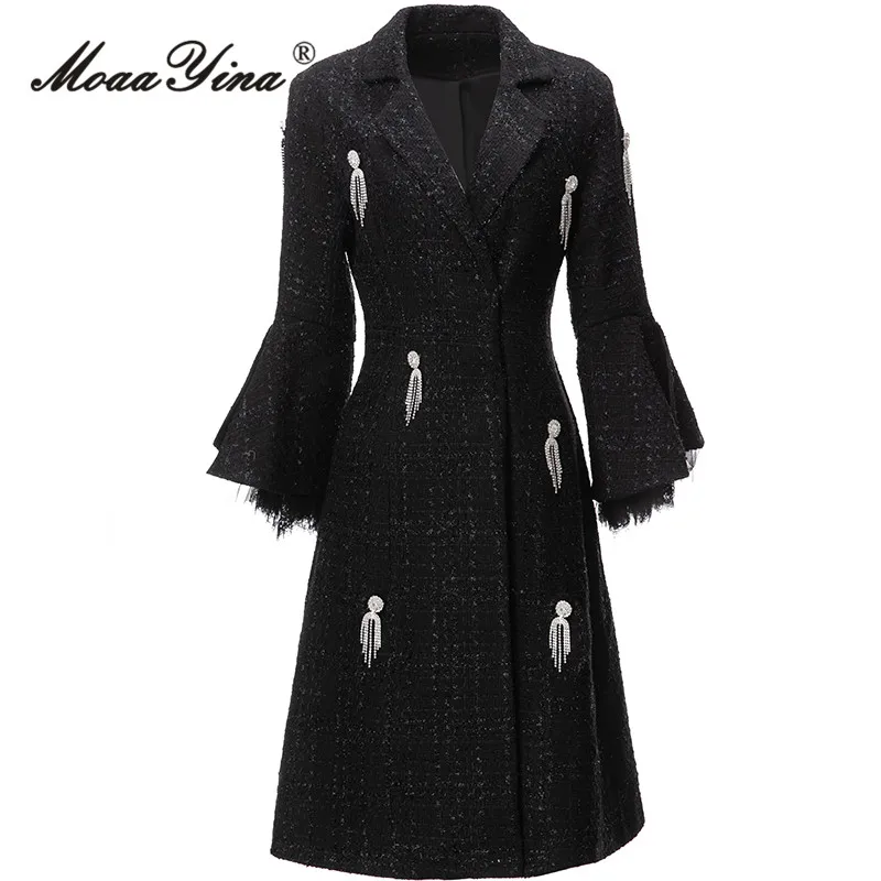 

MoaaYina Winter Fashion Runway Black Vintage Blends Coats Women Lapel Long Sleeve Lace Diamond High Waist Slim Long Blends Coats