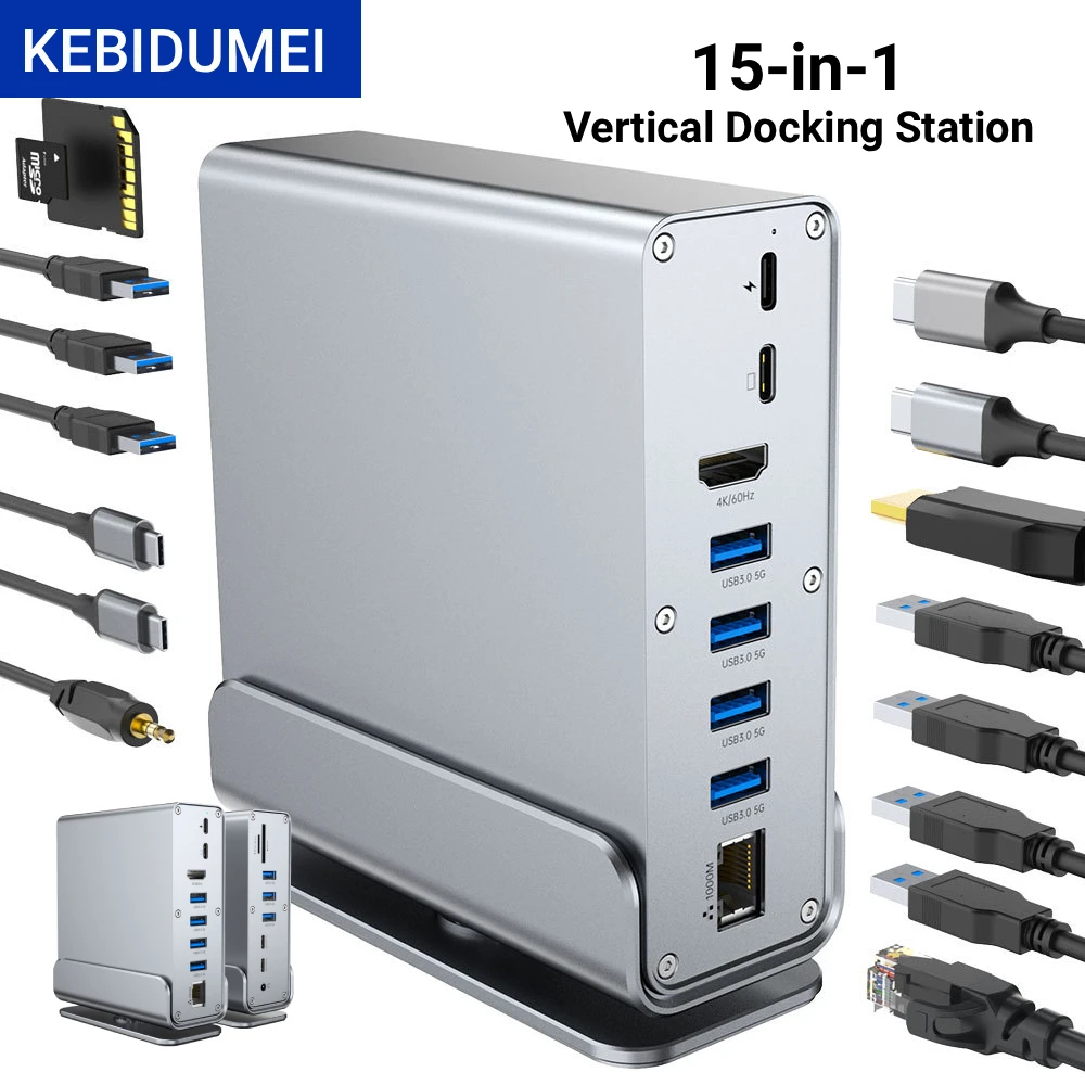 KEBIDUMEI Hub USB C 15 en 1 4K60Hz, station d'accueil Type C avec USB 3.0, affichage HDTV, PD 100W, RJ45, SD/TF, audio 3.5 pour Mac Pro