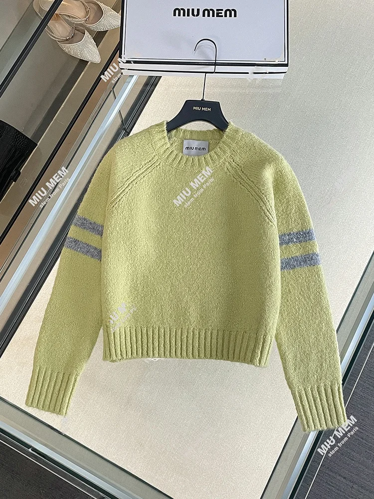 

Miumem, повседневный полосатый женский вязаный свитер для колледжа, весна 2023, ранний сезон, элитный топ в европейском стиле