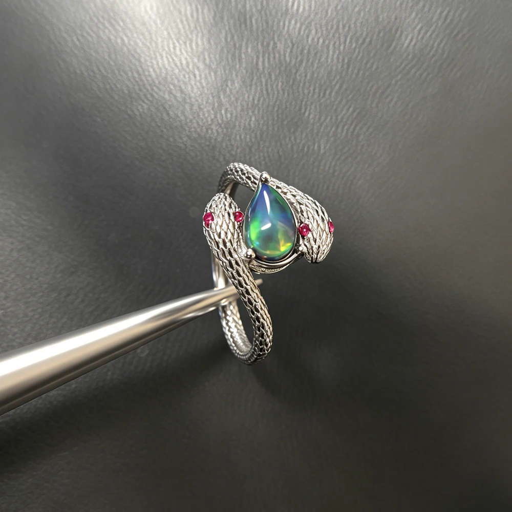 Vintage Snake Natural Black Opal Rings Sterling 925 Silver Gemstone 6*8mm for Women Birthday Party Jewelry Gift