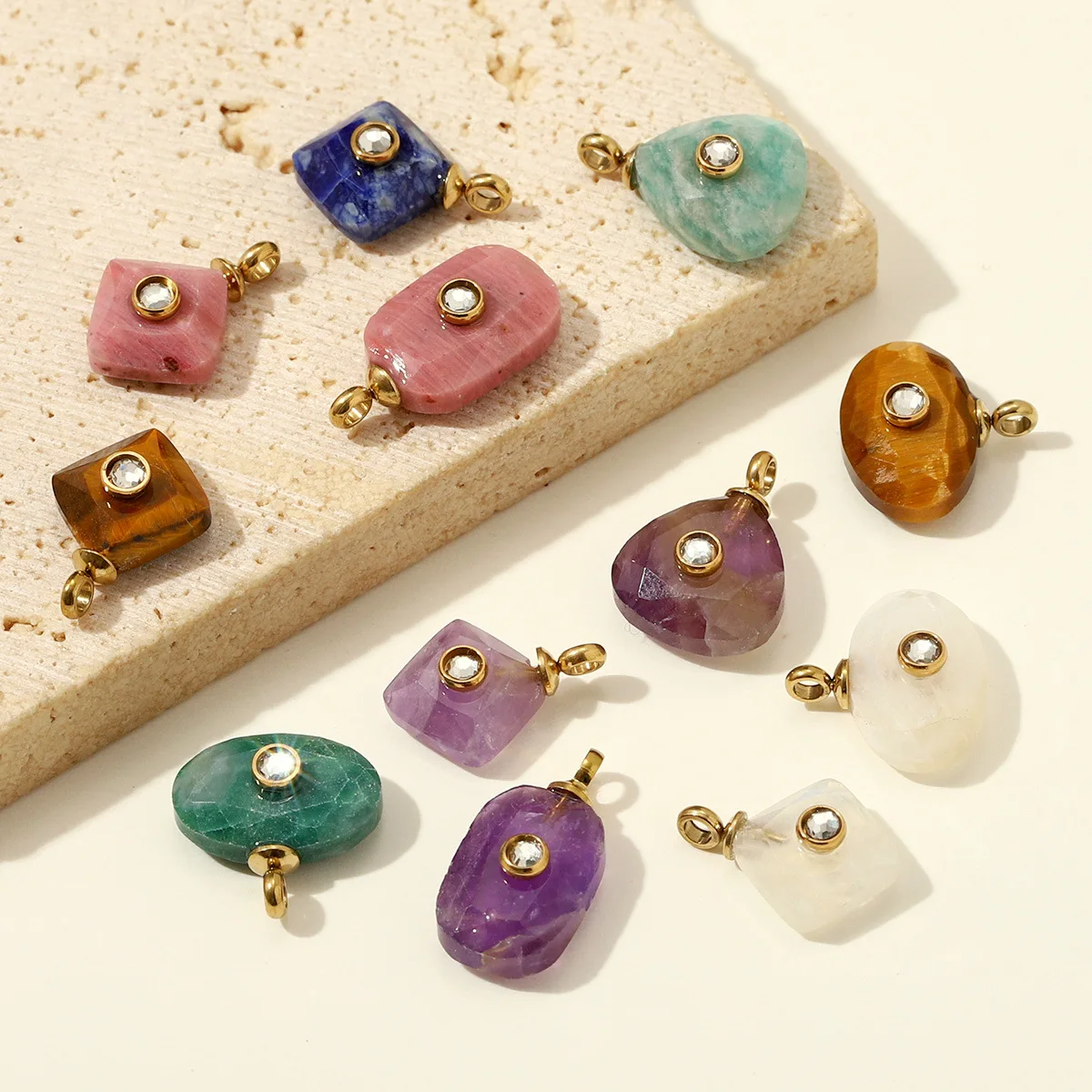 6pcs Geometric Rhombus Stainless Steel Natural Stone Charms Pendant for Jewelry Making DIY Necklace Earrings Accessories
