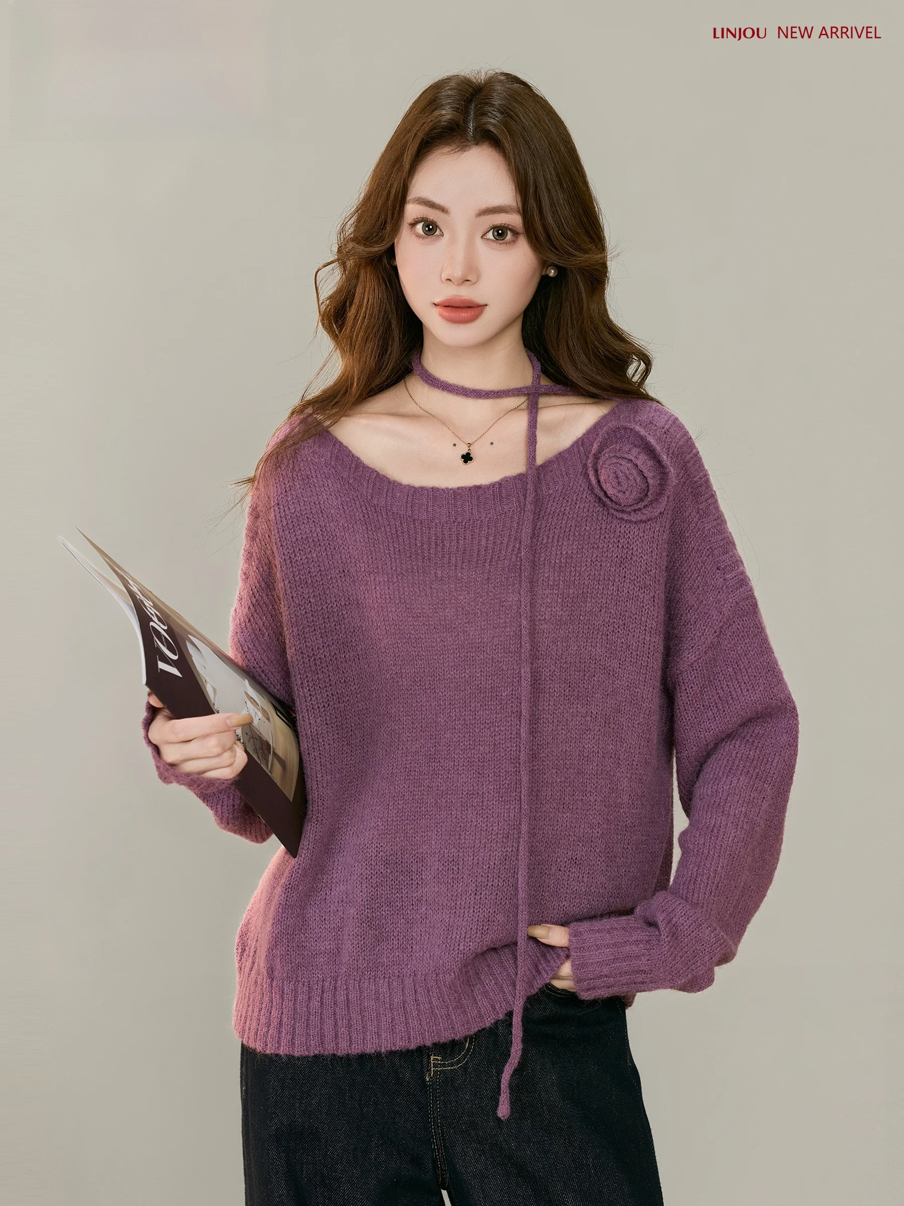 

Вязаный свитер Lingjiu 'Quiet Shadow Flower' 3D с цветочным узором, свободный крой, для женщин, осень-зима, новинка, в стиле Lazy Fashion, пуловер