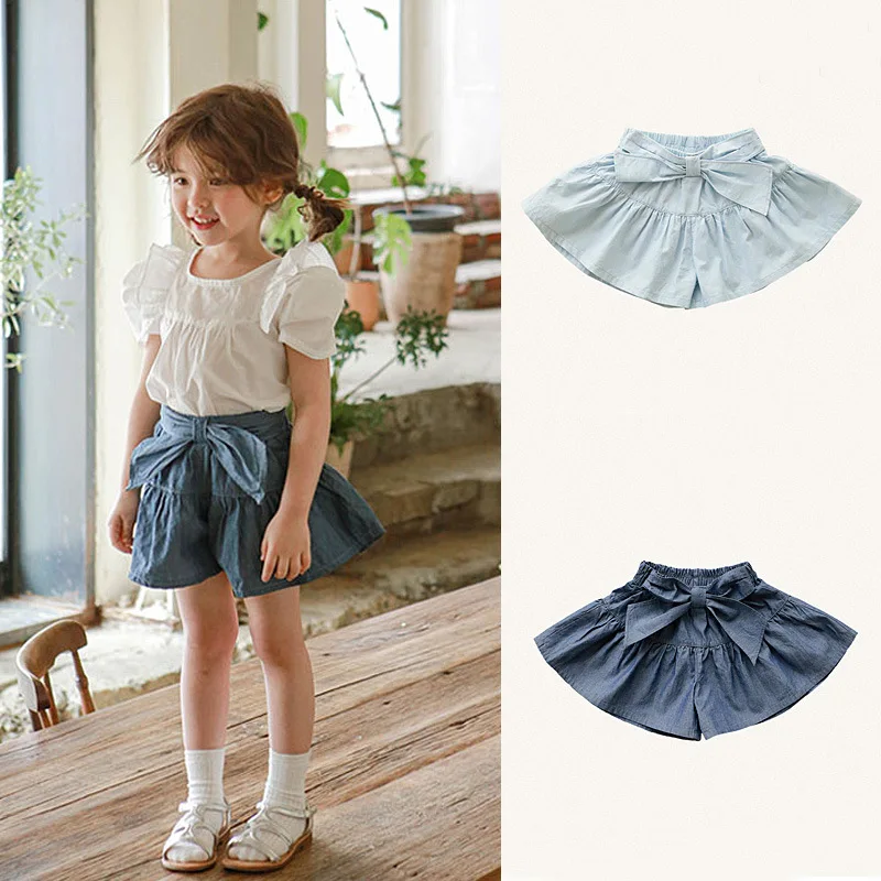 

Girl's Summer Cotton Denim Shorts Pants Toddler Kids Cotton ruffled trouser skirt Jeans for Teenager Girls Children Clothing