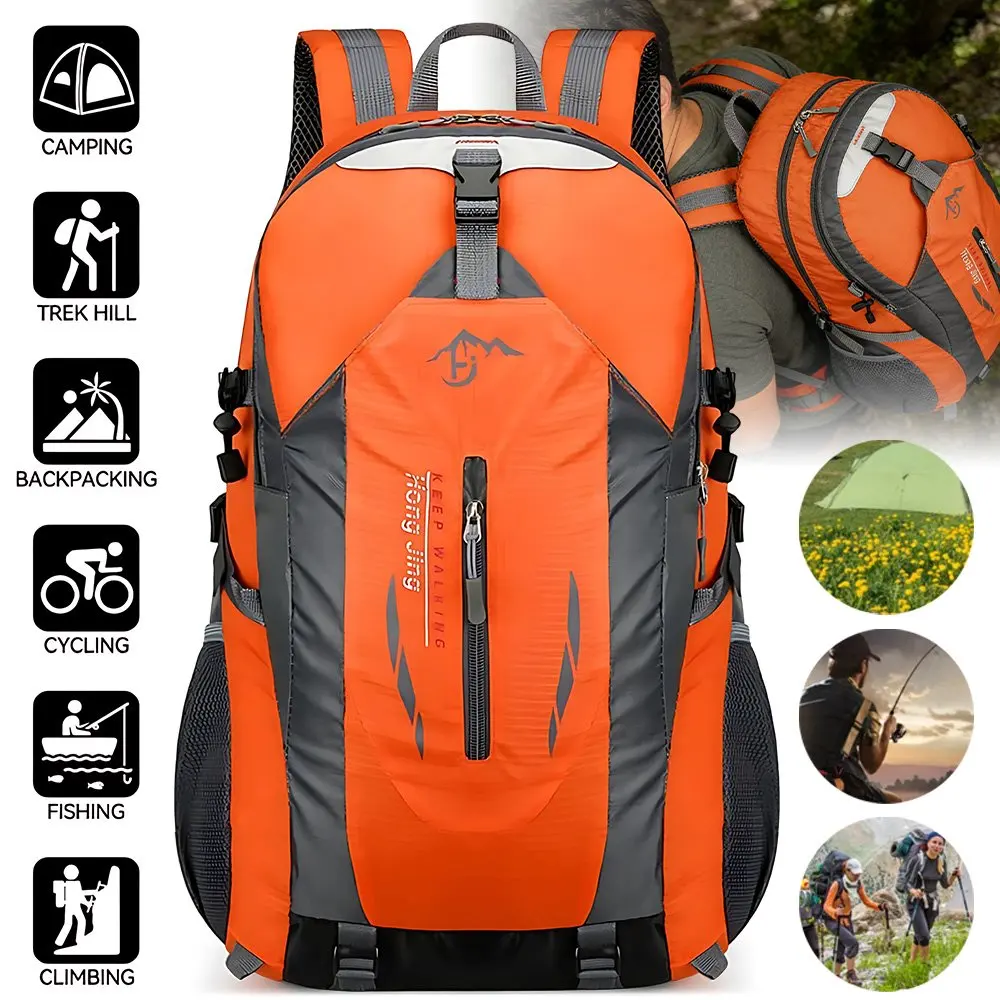 Orangefarbener wasserdichter Nylon-Wanderrucksack, verschleißfester Oxford-Stoff Outdoor-Rucksack mit mehreren Fächern, Netz-Schultertasche mit Stangenbefestigungsgurt für Camping, Trekking,