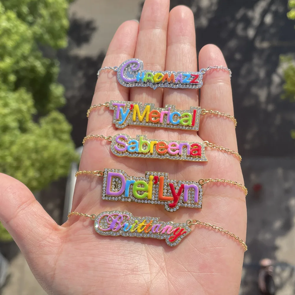 Lulu\'s Custom Colorful Enamel Name Necklace Women Stainless Steel PVD Double Rhinestone Name Necklace Rhinestone Jewelry