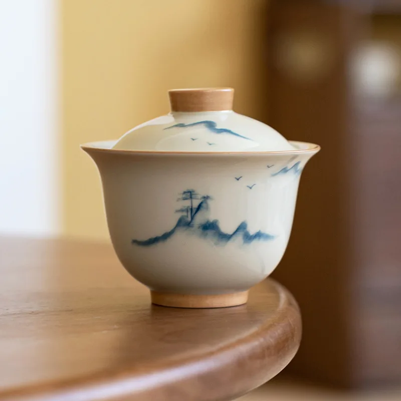 Hand-painted Mountain Song Ercai Tea Bowl Single Cover Bowl Ceramic Tea Maker Home Tea Set Under Glaze Color Literati