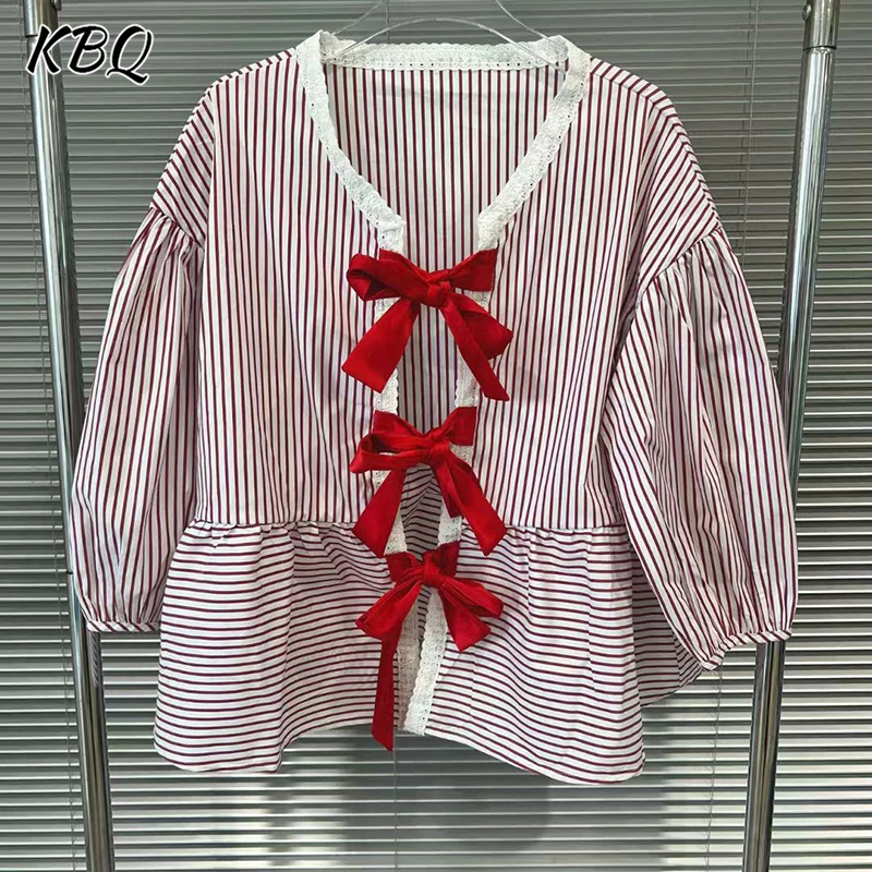 

KBQ Hit Color Stripe Spliced Bowknot Loose Blouse for Women Round Neck Long Sleeve Casual Design Sense Shirt Female Fashion New