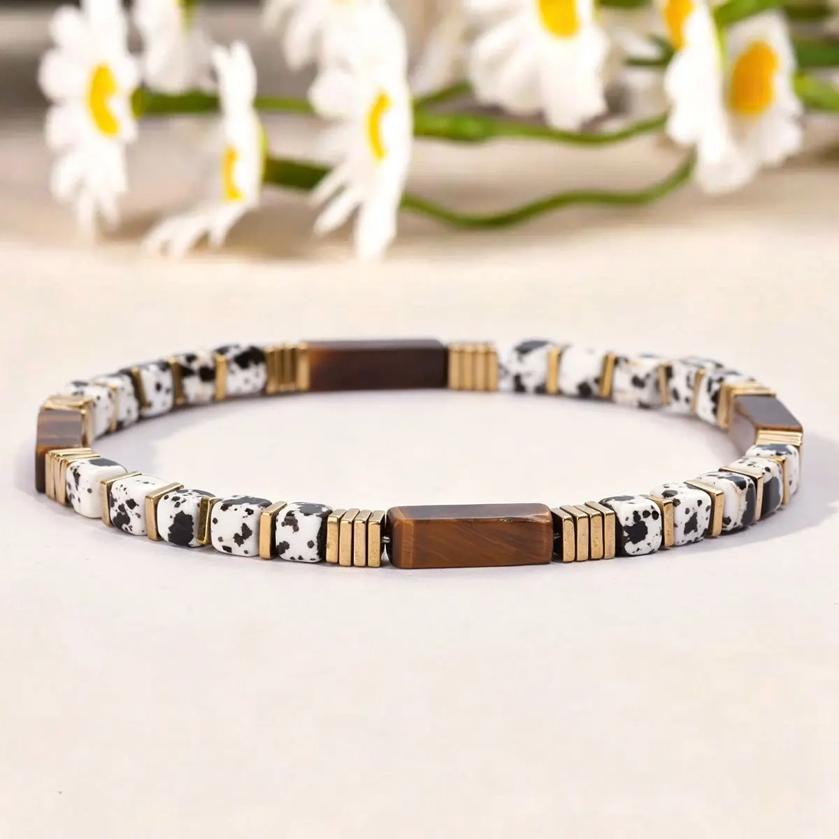 1pc Taurus 4mm Tiger Eye Dalmatian Stone Block Beaded Bracelet, Retro Style Twelve Constellation Series Spiritual Jewelry