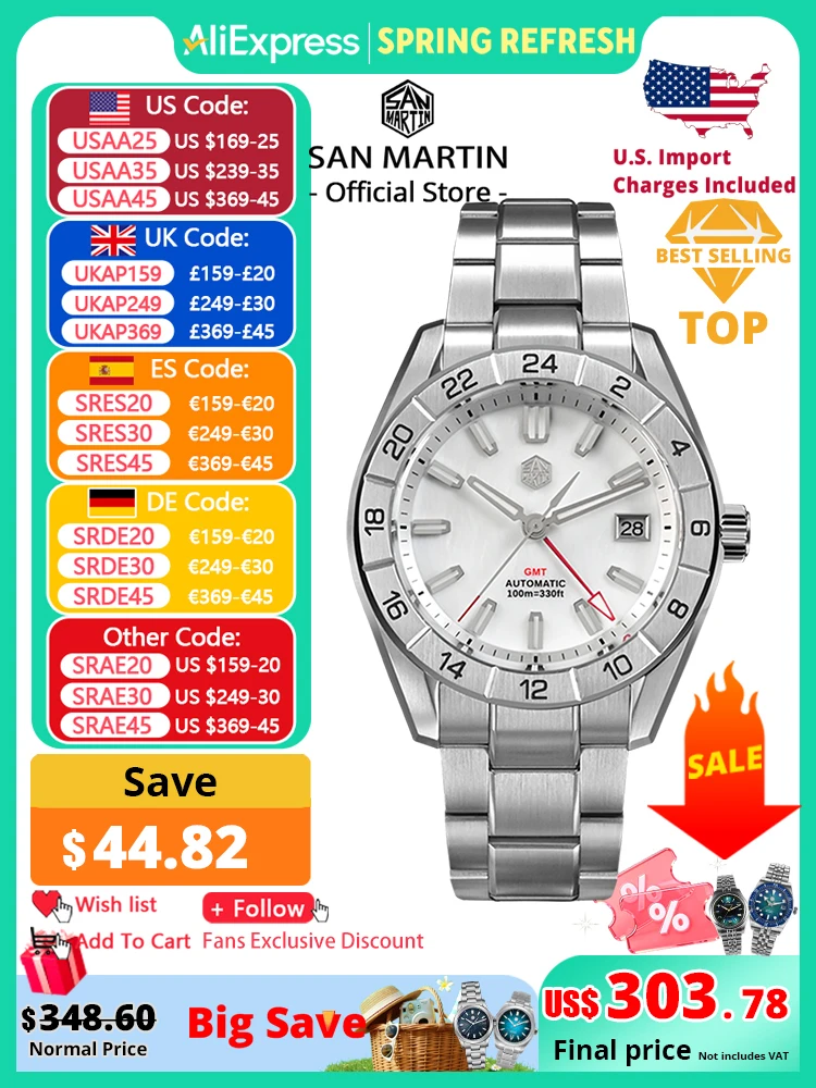 

San Martin 42mm MOP Dial Men's Luxury Watches Business Dress Watch NH34 GMT Automatic Mechanical Sapphire Luminous 10Bar SN0130