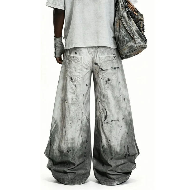 New Double Waistband Dirty Washed Splatter Vintage Baggy Denim Pants Men Y2k Gothic Punk Distressed Wide Leg Trousers Streetwear