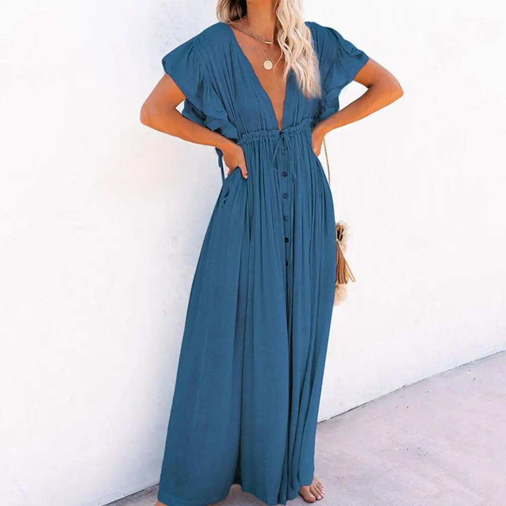 

Fashion V Neck Summer Sunscreen Smock Loose Casual Beachwear Shirt Long Vacation Bikini Cover-Ups for Women