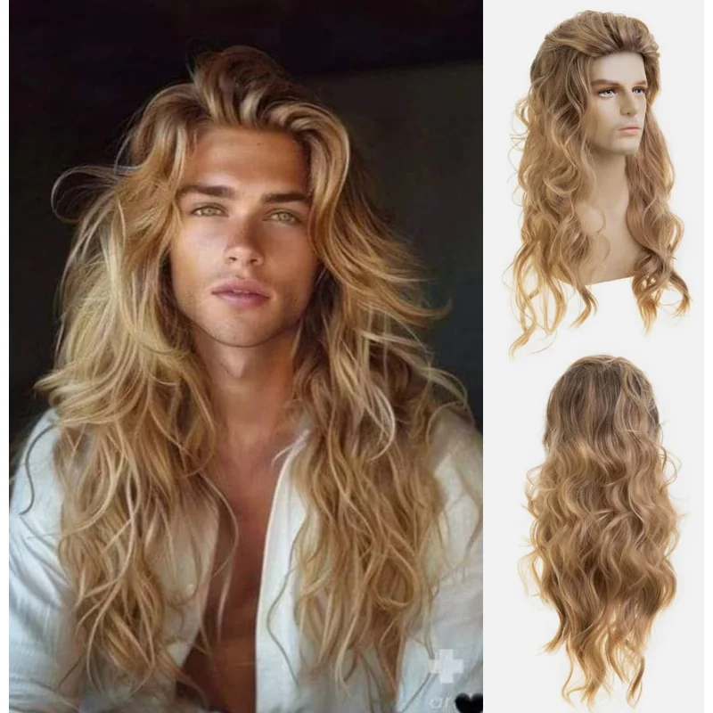 

Длинные вьющиеся волнистые светлые парики для мужчин, синтетический парик для Хэллоуина, косплея, вечерние волосы