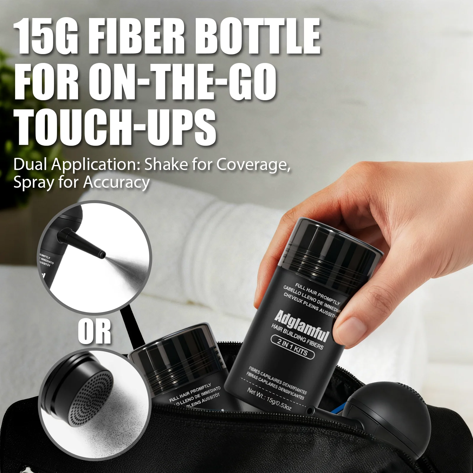 Adglamful Hair Fiber Kit: 2 Fiber Powders + Spray Bottle for Instant Thickening & Volume – Quick 30 Sec Styling