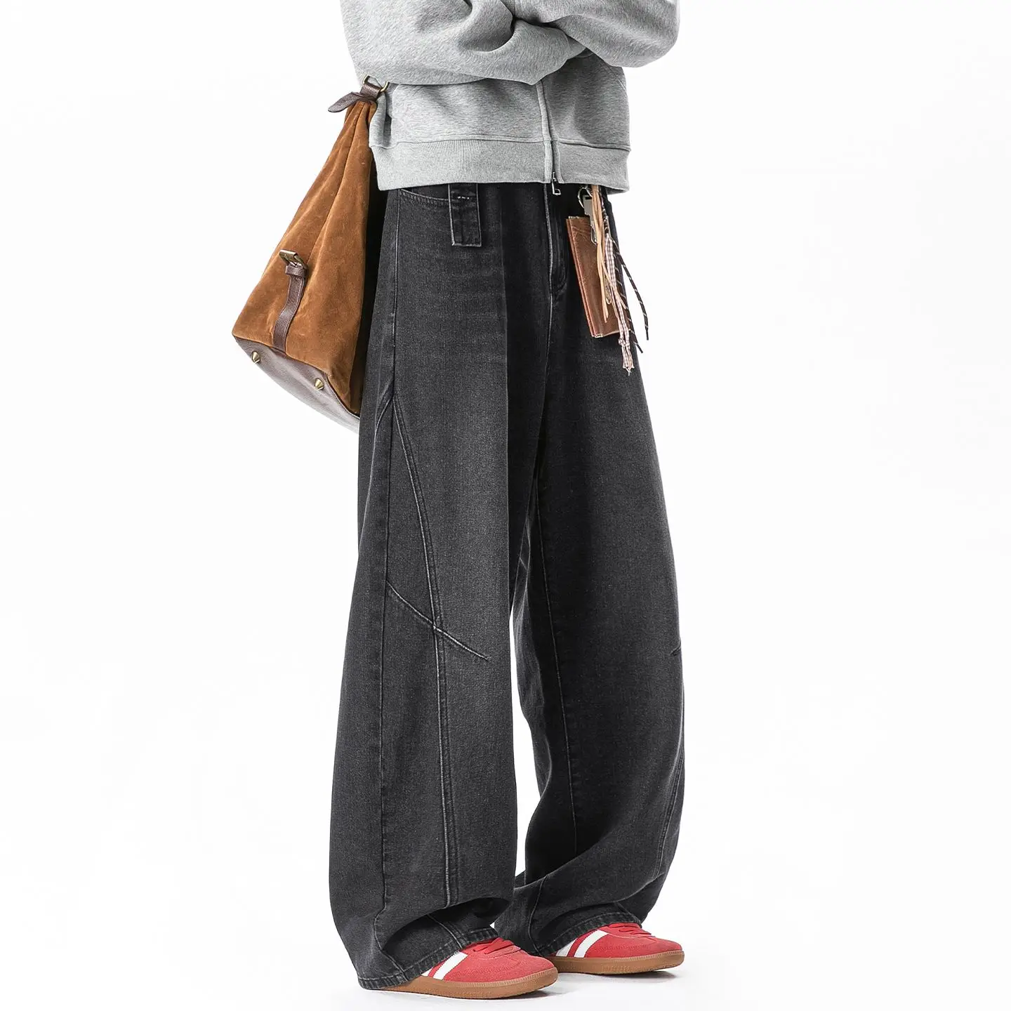 2026 Autumn Straight Loose Profile Paris Button Men's Denim Jeans Deconstructed Split Washed Retro American Y2K Baggy Pants